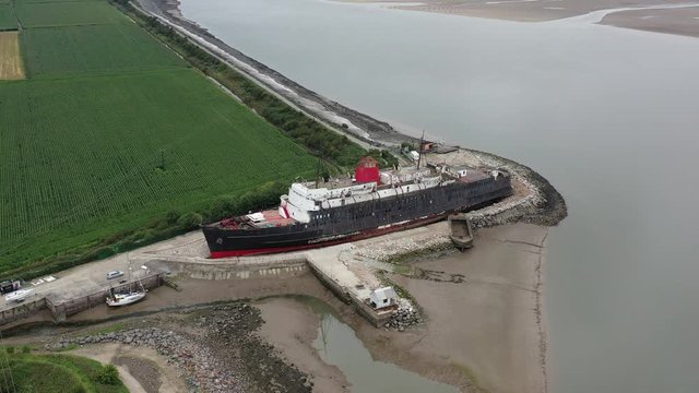 Mostyn Docks, River Dee, North Wales, UK. TSS Duke of Lancaster abandoned railway steamer ship docked in Mostyn Docks, River Dee, North Wales