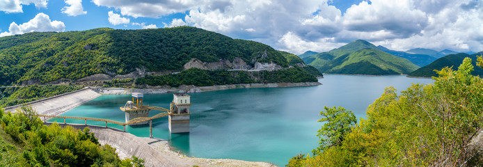 Zhinvali water reservoir. Dam in the mountains.