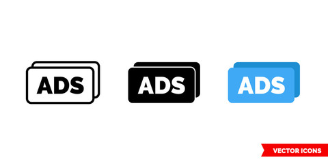 ADS icon of 3 types color, black and white, outline. Isolated vector sign symbol.