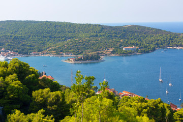 Fototapeta na wymiar Aerial view on city on the Adriatic Sea, typical Mediterranean architecture, Vis, Vis Island, Croatia