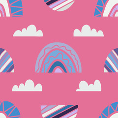 geometric rainbows and clouds on a pink background. Vector seamless pattern on pink background in boho style