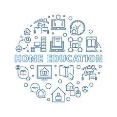 Fototapeta na wymiar Home Education vector concept blue round illustration in thin line style on white background