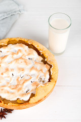 Pear delicious pie, homemade pastry with cinnamon and milk, sweet dessert for breakfast. Copy space.