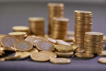 Euro coins. Euro money. Euro currency.Coins stacked on each other in different positions. Money concept