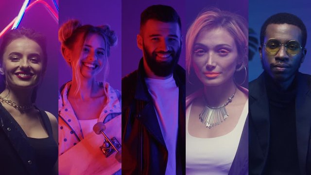 Collage of different mixed-race persons in neon lights. Pretty Caucasian happy girls moving in colorful lightning. Serious calm African American man in UV light indoor. Handsome male putting on jacket