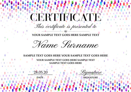 Certificate, Diploma of completion with colorful pattern, abstract background with gradient dots on white background. Vector with rainbow circles texture for Certificate of Achievement