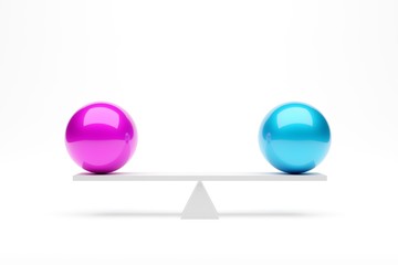 Pink and blue spheres in equilibrium on seesaw over white background, minimal geometric gender equality concept