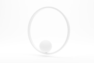 white sphere in equilibrium inside of white ring over white background, stability or accuracy minimal geometry primitive concept