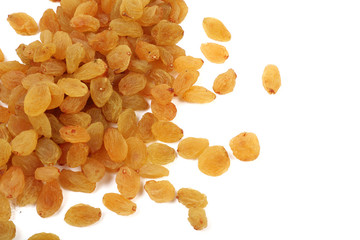 Dried golden raisins isolated on white. Dried Grapes.