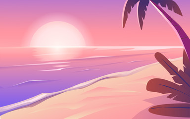 Fototapeta na wymiar Peaceful sea landscape in magenta and purple colors. Sunset on the exotic tropical beach. Colorful ocean sunrise. Vector illustration.
