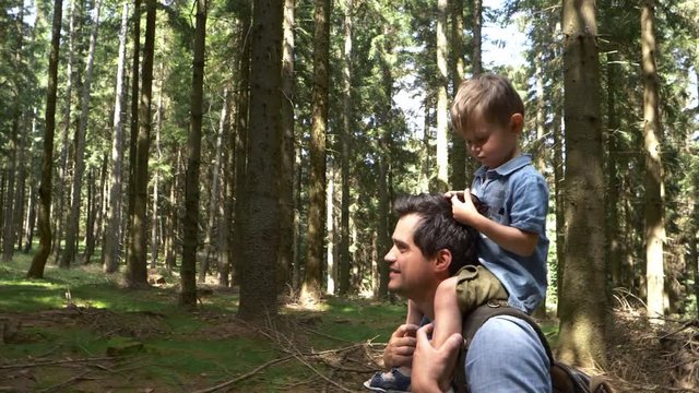 father and son walking in the woods