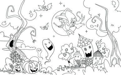 Hand drawn line illustration for kids coloring book. Sketch Halloween. Witch in a hat flies on a broomstick with a cat and a bat. Ghosts houses. Album cover. Coloring book page for adults.