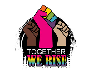 Together we rise. Black and white strong fists rised together concept