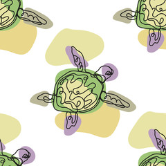 Seamless pattern with sea turtles. Marine life. Doodling, mandala pattern. Drawing by hand. Stylish background.