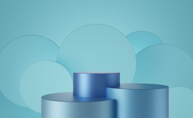 Empty blue cylinder podium on blue background. Abstract minimal studio 3d geometric shape object. Mockup space for display of product design. 3d rendering.