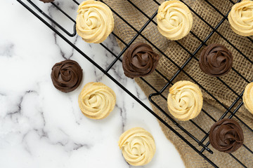 Top view homemade simple dark and white chocolate cookies