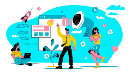 Business training, online education and acquisition of skills and knowledge to build a successful career banner concept with characters of business people, flat cartoon vector illustration.