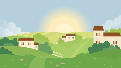 Farm field, summer nature landscape vector illustration. Cartoon flat village with farmer houses on rural green grass hills, beautiful natural sunset scene in countryside, farmland panorama background