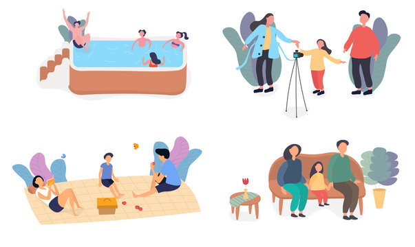 Vector illustration of set of families on vacation. People resting in swimming pool, on picnic in park, at home and photographing together