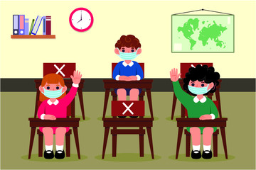 Back to school for new normal lifestyle banner social distancing in class room Concept, Prevention tips infographic of coronavirus 2019. boy and girl wearing mask Sitting on the desk