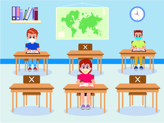 Back to school for new normal lifestyle banner social distancing in class room Concept, Prevention tips infographic of coronavirus 2019. boy and girl wearing mask Sitting on the desk