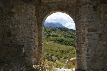 Fototapeta na wymiar Landscape from the ruins of Cirella, an abandoned village for a century in the Calabria region.