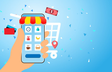 Hand with phone buy. Mobile payments,Online ordering using mobile app. Smartphone screen with order button and cart icon.