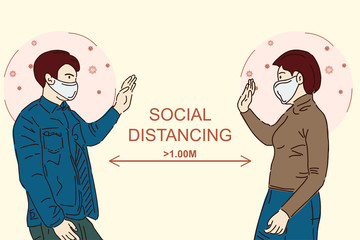 A young girl and a guy greet, observing a social distance of 1 meter. Drawing in a linear style. Tread protection concept.