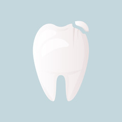 a white tooth with a chipped piece, a small chip and a crack. Protection of teeth and enamel. Daily oral hygiene. Urgent medical dentistry is needed for tooth restoration. Flat design