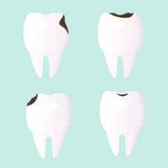 Damaged teeth by caries in different places. Protection of teeth and enamel. Daily oral hygiene. Urgent medical dentistry is needed for the restoration and treatment of the tooth. Flat design