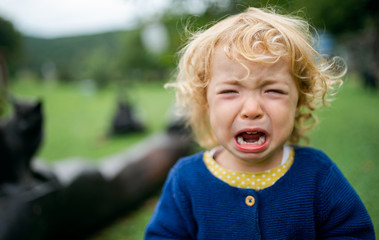 Portrait of small girl outdoors in garden, crying.