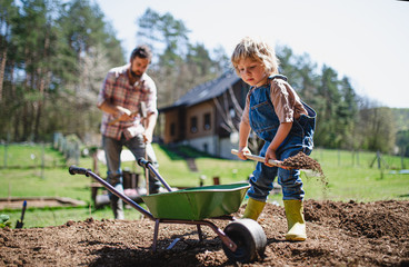 Father with small son working outdoors in garden, sustainable lifestyle concept.