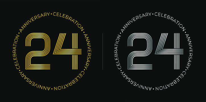 24th birthday. Twenty-four years anniversary celebration banner in golden and silver colors. Circular logo with original numbers design in elegant lines.