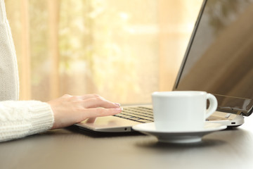Woman hands using laptop sitting on a table at home