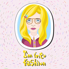 Vector portrait of young blonde woman in transparent eyeglasses on pink background with sprinkles. Hand drawn words I am into fashion