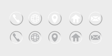 Neomorphism icons set for visit card. Business contact icons. Neomorphic clean minimal buttons. UI design.