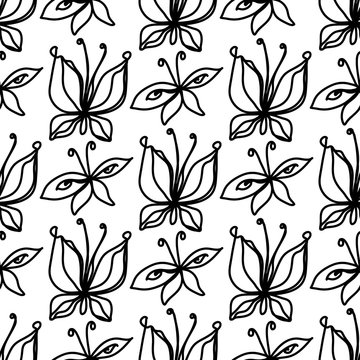 Beautiful cartoon illustration with black seamless butterfly for textile design. Tropical nature seamless pattern. Summer background.