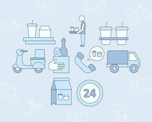 Food delivery Icons set - Vector color symbols and outline of courier, truck, pizza, transportation, cart, scooter and other for the site or interface