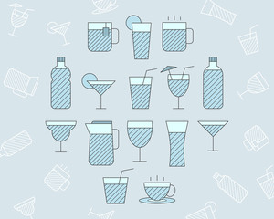 Soft drink Icons set - Vector color symbols and outline of water, soda, juice, cocktail, cup, can, mug, coffee, tea for the site or interface