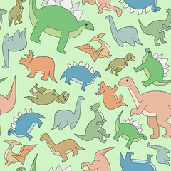 Dinosaurs - Vector color background (seamless pattern) of triceratops, stegosaurus, tyrannosaurus and other animals of the Jurassic period for graphic design