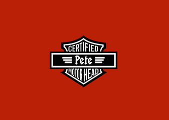 Pete Name Art Motor Head Theme Design Black and White Emblem with Orange Background uniquely personalized Illustration 