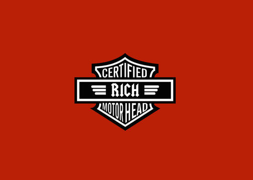 Rich Name Art Motor Head Theme Design Black and White Emblem with Orange Background uniquely personalized Illustration 