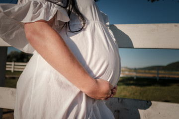 Pregnant girl on the nature. Enjoy pregnancy. Lonely young mother. An authentic homeland.
