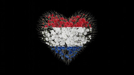 Netherlands Day. Liberation Day. May 5. Heart shape made out of flowers on black background.