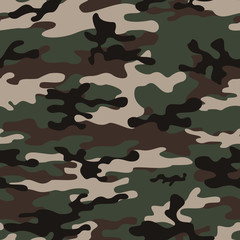 Fototapeta premium Camouflage texture vector background seamless pattern for textiles. Black spots on a green background.