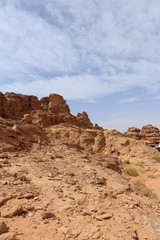 Fototapeta na wymiar Wadi Rum.Reserve of the desert. Martian landscape. Fancy desert mountains against the sky.
