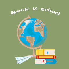 Back to school concept. Globe Earth planet,books and paper airplane isolated on green. Day of knowledge,school supplies, Teachers day. vector illustration in flat style. Banner, greeting card