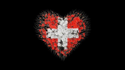 National Holiday Switzerland. 1 August. Heart shape made out of flowers on black background.