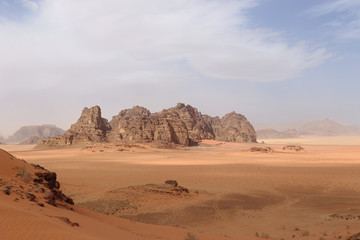 Fototapeta na wymiar Wadi Rum.Reserve of the desert. Martian landscape. Fancy desert mountains against the sky.