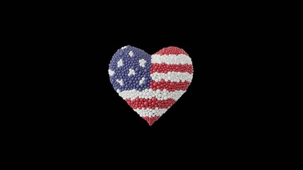 Independence day USA, 4th July. Heart shape made out of shiny spheres on black background.